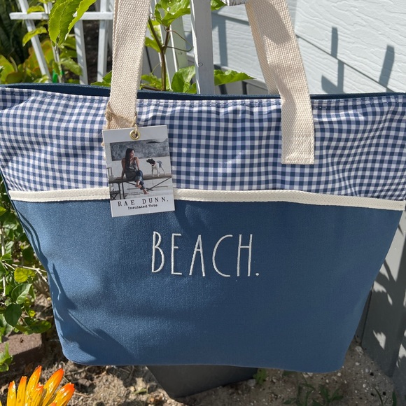 Rae Dunn Handbags - RAE DUNN BEACH Insulated Tote Blue/Blue & White Checked